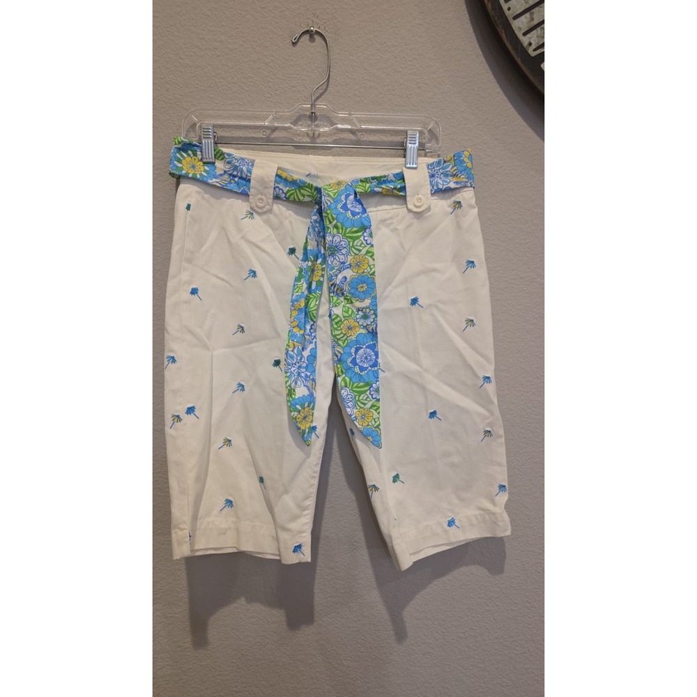 Lilly Pulitzer White Umbrella Embroidered Bermuda Shorts with Floral Belt Size 6